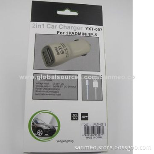 2-in-1 Car Charger for iPad Mini/iPhone 5/6, High Speed, Intelligent Charging, Stylish and UniqueNew